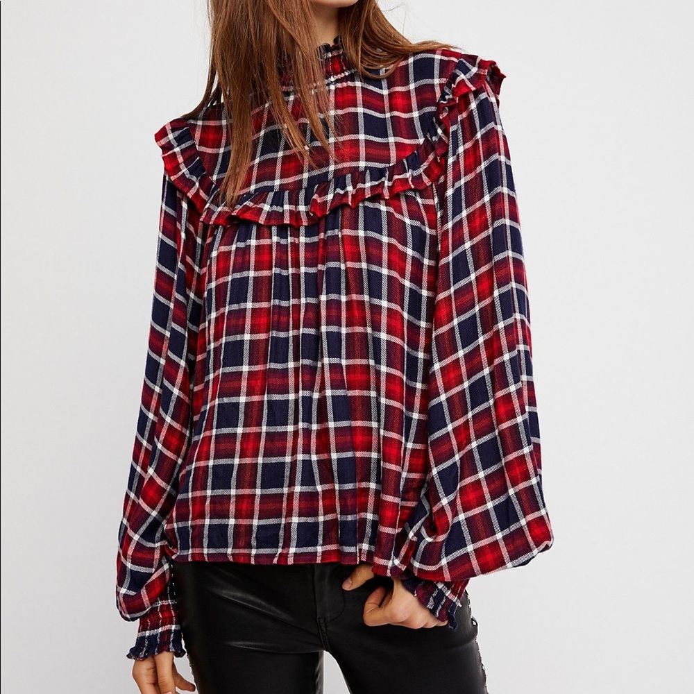 Free People Charlie Ruffle Plaid Top Sz Small NWT